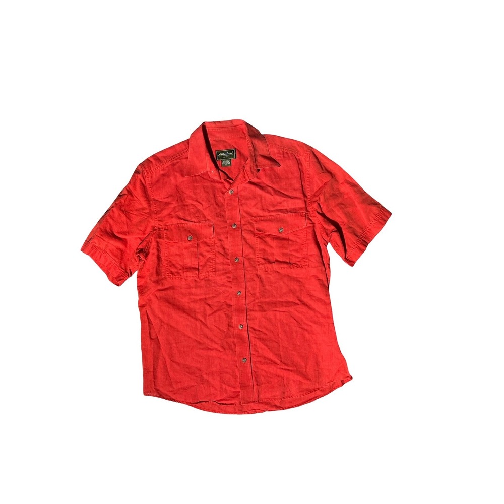 Eddie Bauer Mens Red Linen Cotton Short Sleeve Button Down Shirt Size M